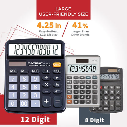 12 Digit Desk Calculator Desktop Calculators with Large LCD Display & Big Buttons Dual Power Solar & Battery Standard Basic 4 Function Calculator for School Office