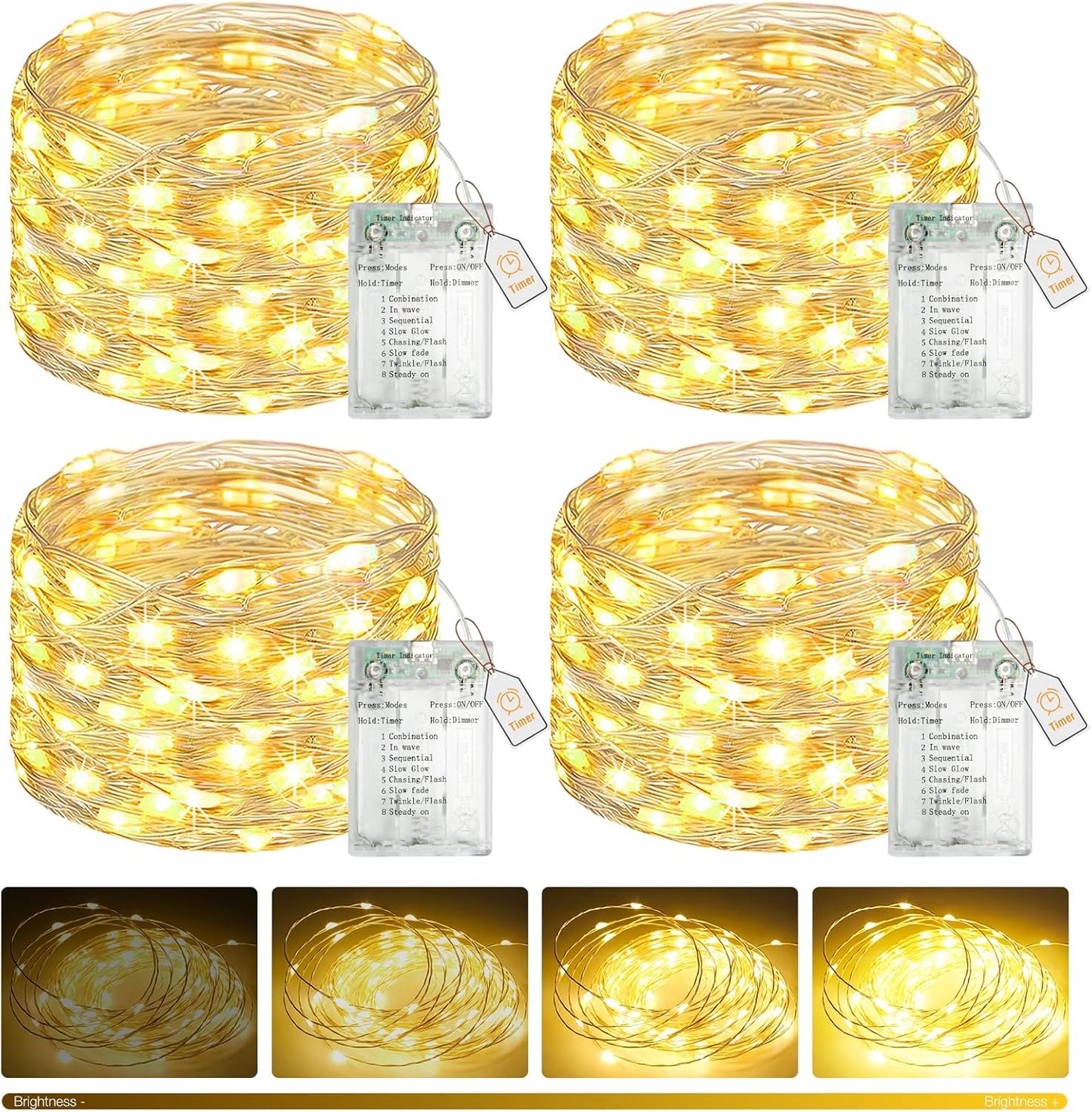 4 Pack Fairy Lights Battery Operated with Timer 16FT 50LED Twinkle String Lights Battery Powered 8 Modes Dimmable
