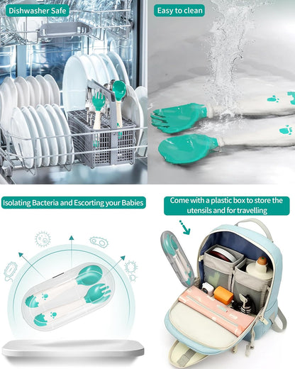 Self feeding Flatware Set with Travel Case Baby Spoons and Forks with Silicone Bendable Handle Easy Grip Heat-Resistant