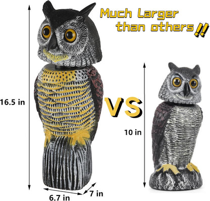 Plastic Fake Owl Wagging Head Outdoor Statues 16.5 inch Bird Scarecrow Horned Decoy Bird Deterrents