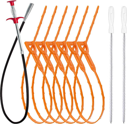 25inch Drain Snake Hair Remover(6pcs) ＆ Cleaning Brush(2pcs), Hair Catcher Drain Auger Cleaner Tool Set