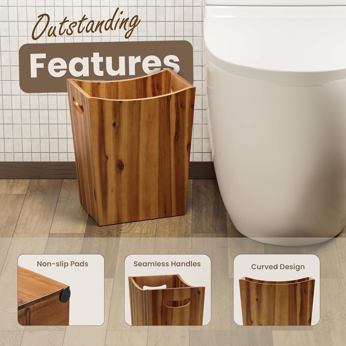 2 Gallon Acacia Wooden Bin Wastebasket Small Trash Can Decorative Bathroom Trash Can Waste Basket for Bedroom