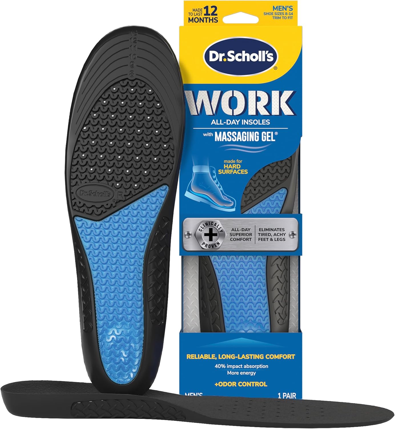 Work All Day Superior Comfort Insoles (with) Massaging Gel Men 1 Pair Trim to Fit