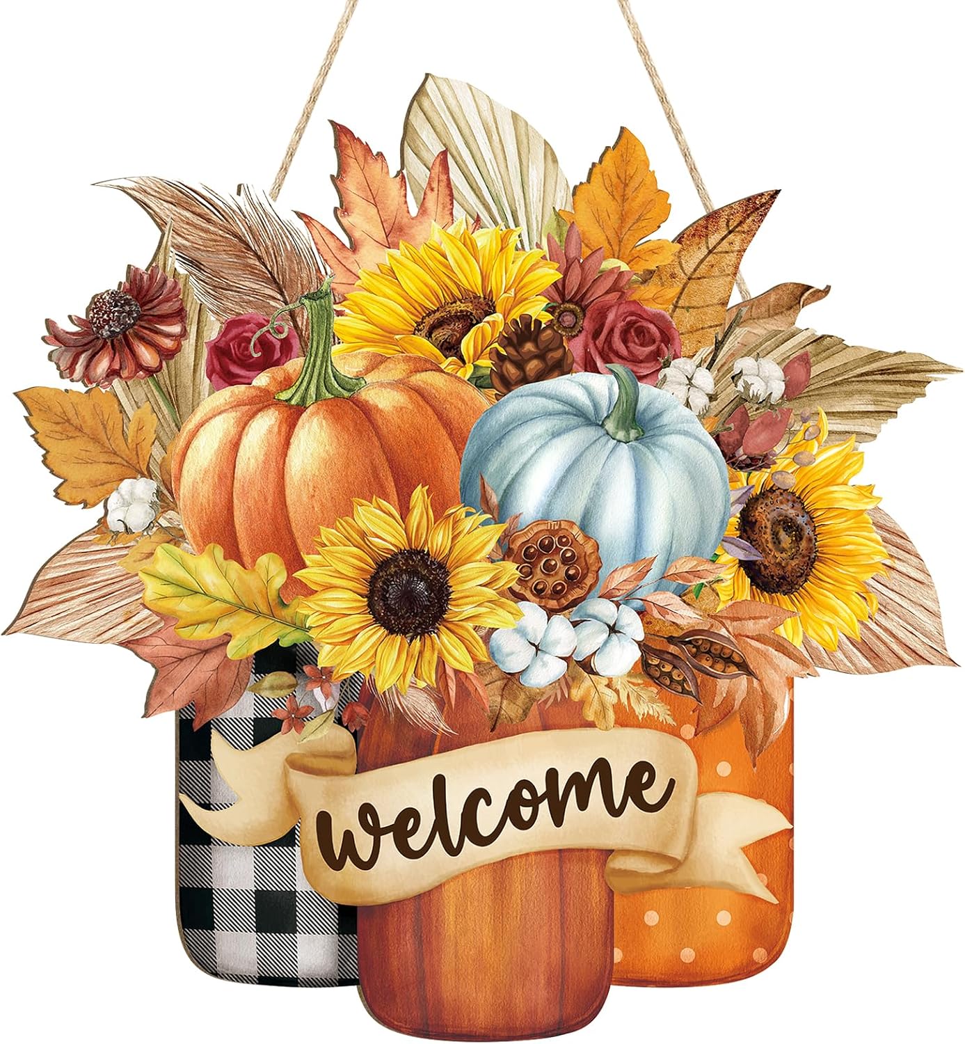 Fall Decoration Welcome Wreaths for Front Door Wooden Hello Fall Pumpkin Thanksgiving Door Sign Ornament
