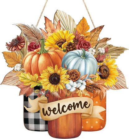Fall Decoration Welcome Wreaths for Front Door Wooden Hello Fall Pumpkin Thanksgiving Door Sign Ornament