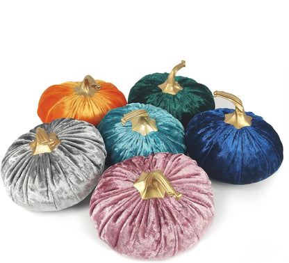 6 Pack Velvet Artificial Pumpkins Set Velvet Fabric Decoration Pumpkins Lifelike Harvest Pumpkins for Halloween