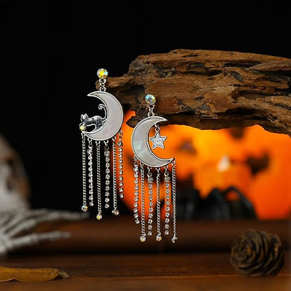 Witch Earrings Black Cat on Crescent Moon Dangle Tassel Earrings for Women Rhinestone