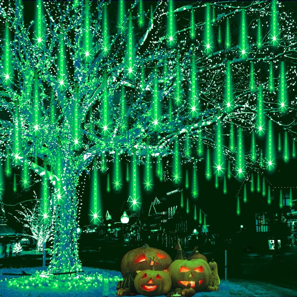 Meteor Shower Christmas Lights for Halloween Decorations 8 Tube 192 LED Snow Falling Rain Icicle String Light