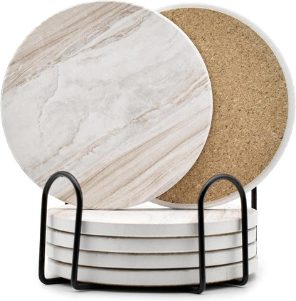 6Pcs Drink Coasters with Holder Marble Style Ceramic Drink Coaster Absorbent Coasters Set Suitable for Kinds of Cups