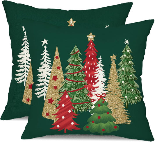 Pillow Covers 18x18 Inch Set of 2 Xmas Tree Decorative Green Throw Pillows Winter Christmas Decor