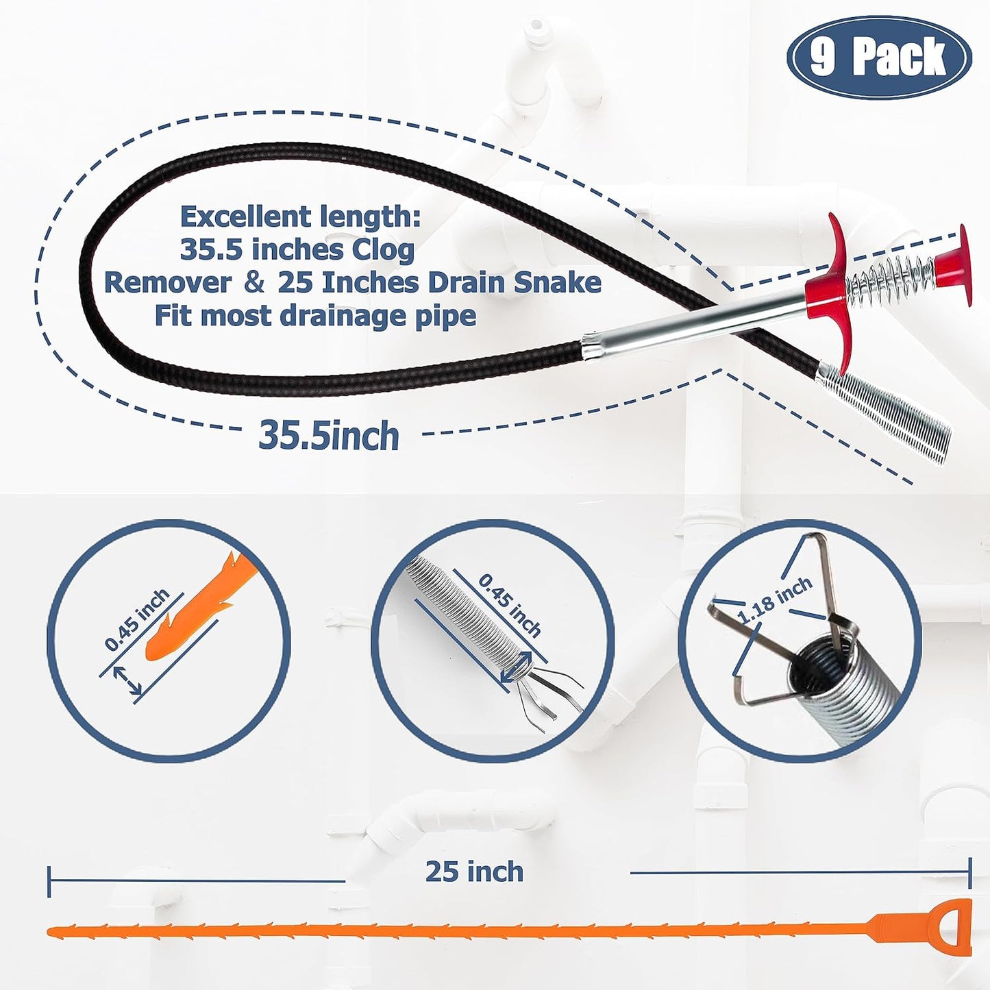 25inch Drain Snake Hair Remover(6pcs) ＆ Cleaning Brush(2pcs), Hair Catcher Drain Auger Cleaner Tool Set