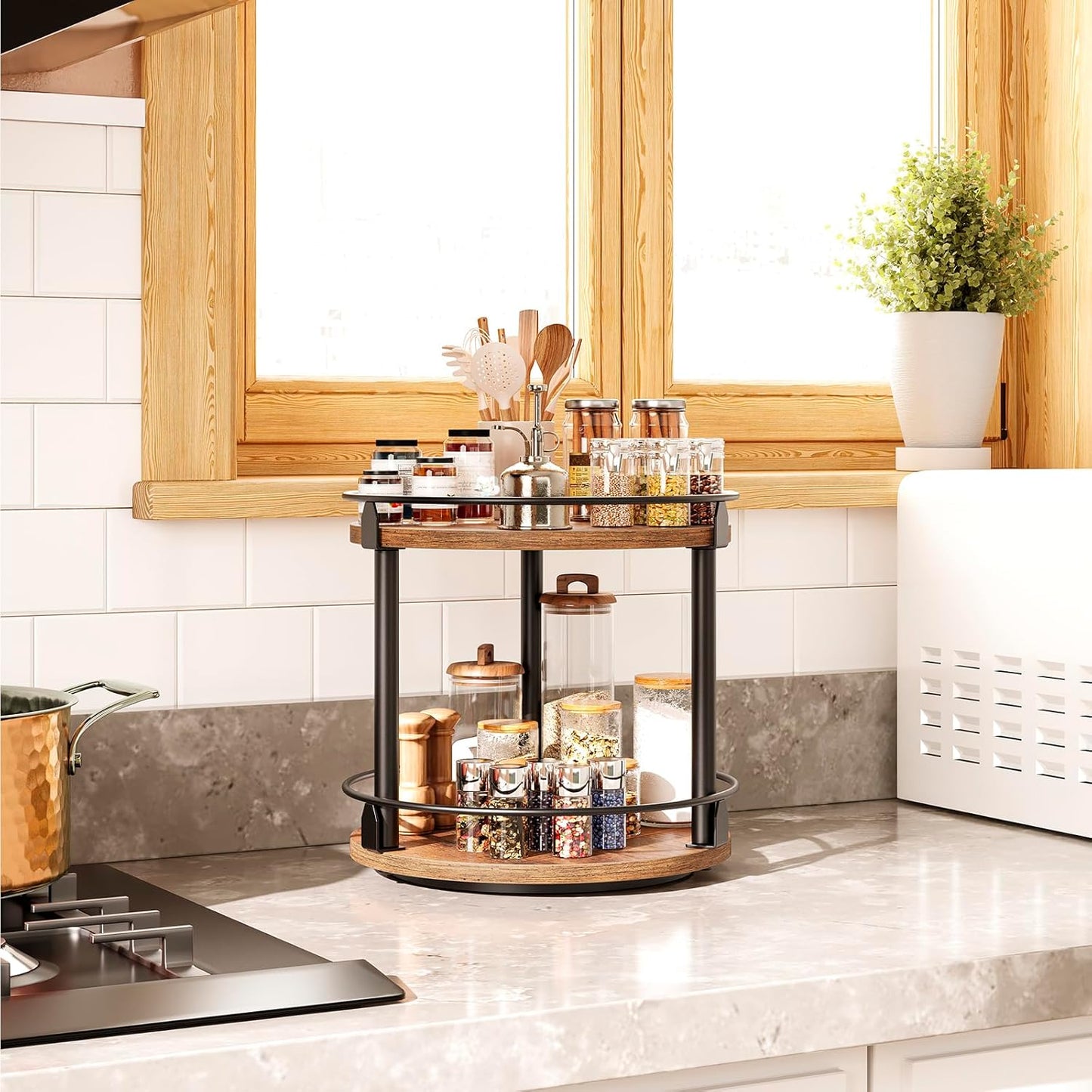Rotating Spice Rack 2 Tier Spice Turntable Organizer Industrial Turntable Spice Holder for Kitchen