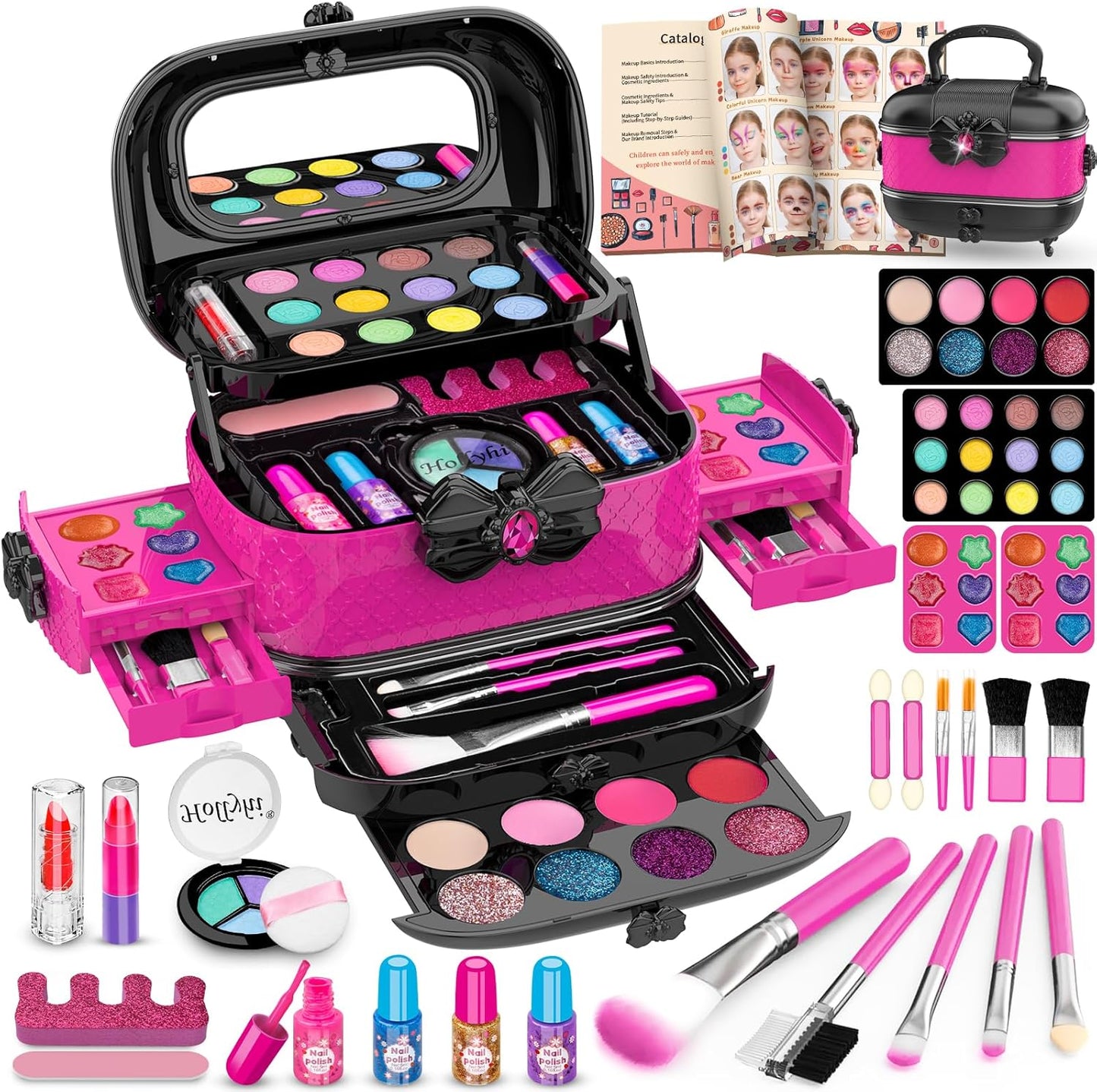 58 Pcs Kids Makeup Kit for Girl Princess Toys Real Washable Cosmetic Set with Mirror