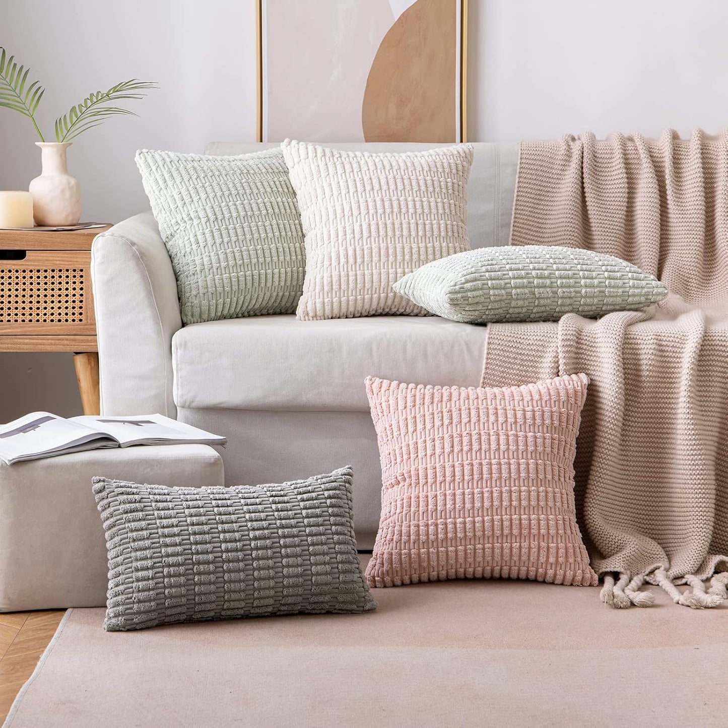 Pack of 2 Corduroy Decorative Throw Pillow Covers 18x18 Inch Soft Boho Striped Pillow Covers Modern Farmhouse
