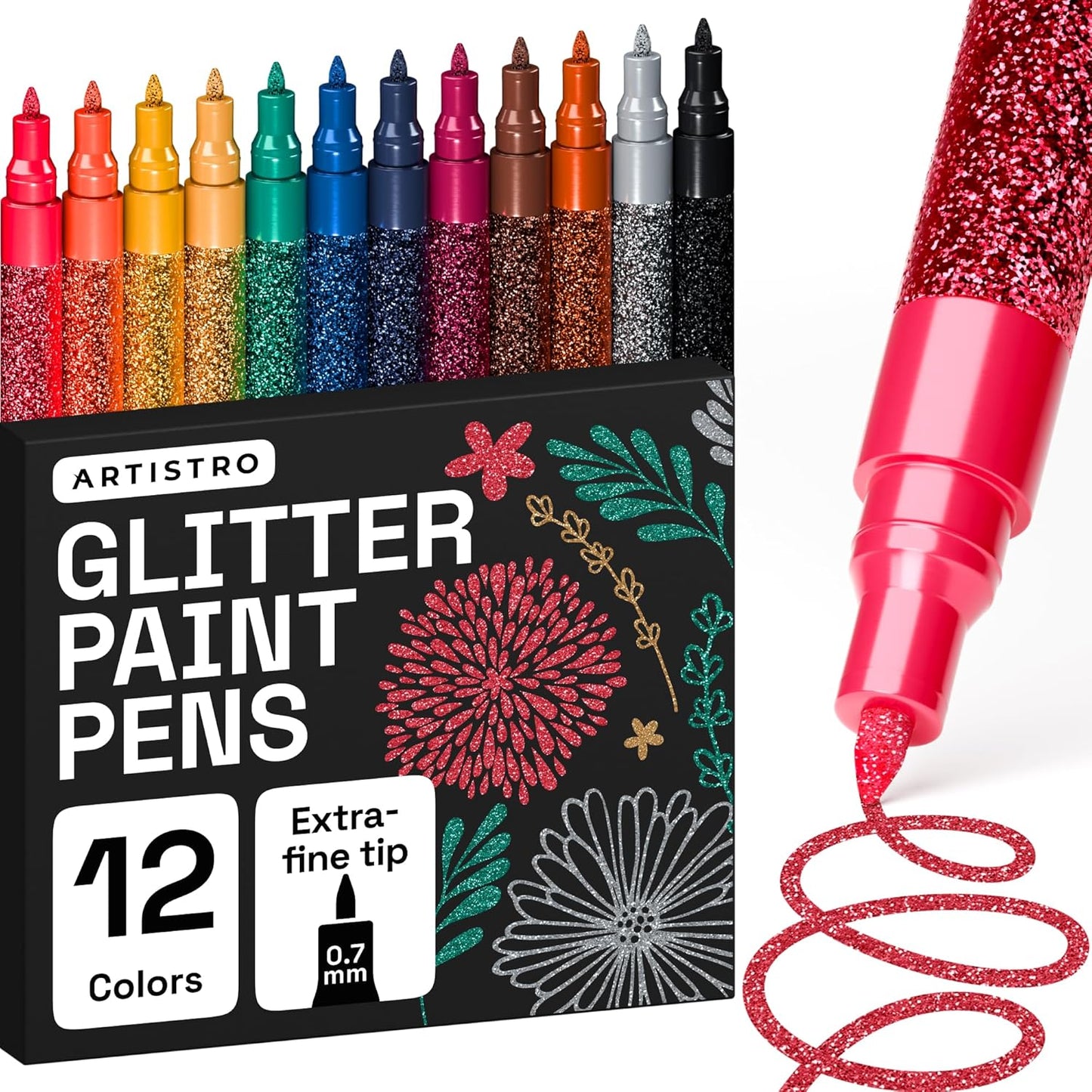 12 Glitter Paint Pens for Glass Marking Rock Painting Ceramic Wood Fabric Scrapbooking, DIY Craft Making Coloring