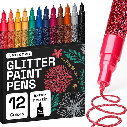 12 Glitter Paint Pens for Glass Marking Rock Painting Ceramic Wood Fabric Scrapbooking, DIY Craft Making Coloring