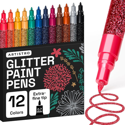 12 Glitter Paint Pens for Glass Marking Rock Painting Ceramic Wood Fabric Scrapbooking, DIY Craft Making Coloring