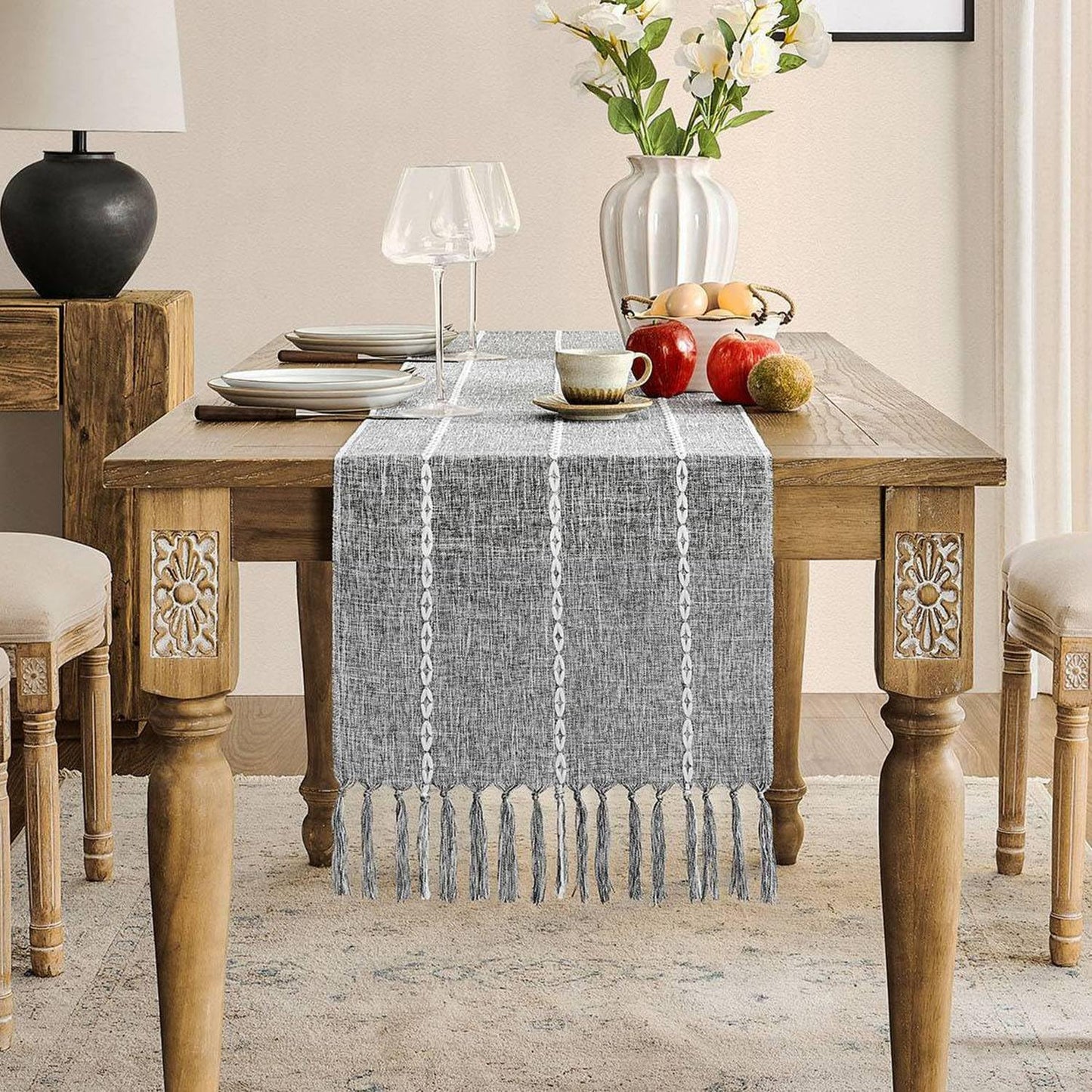 Farmhouse Braided Striped Table Runner Rustic Grey Table Runners 48 Inches Long Boho Home Decor