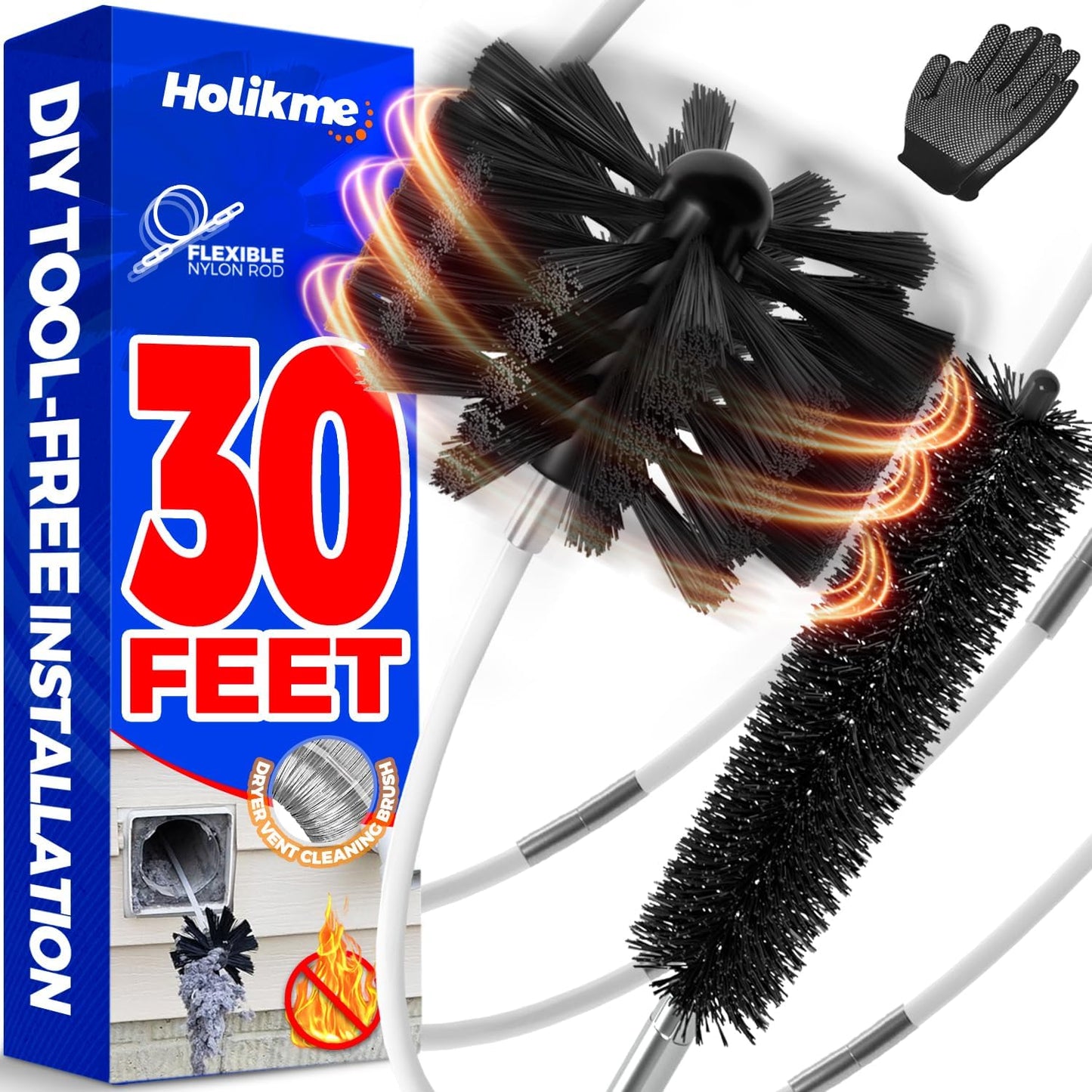 30 Feet Dryer Vent Cleaner Kit Flexible Lint Brush with Drill Attachment, Fireplace Chimney Brushes Extends Up to 30 Feet