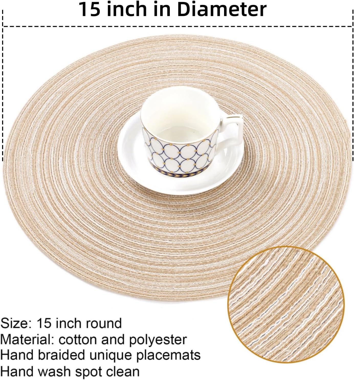 Set of 6 Cotton Polyester Braided Place Mats 15 inch Heat Resistant Washable Table Mats for Kitchen Dining