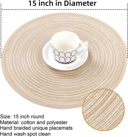 Set of 6 Cotton Polyester Braided Place Mats 15 inch Heat Resistant Washable Table Mats for Kitchen Dining