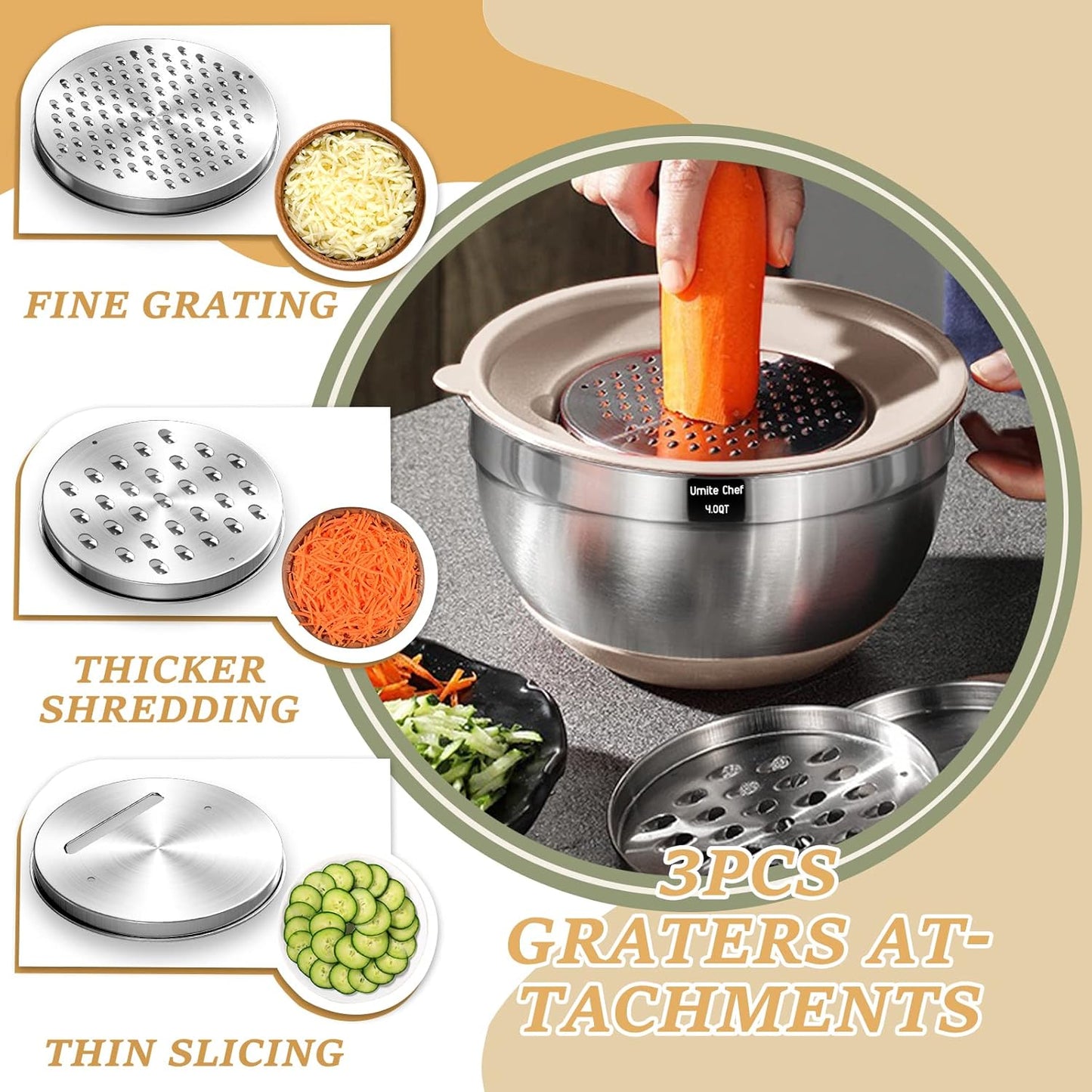 26PCS Stainless Steel Khaki Bowls with Grater Attachments Non Slip Bottoms & Kitchen