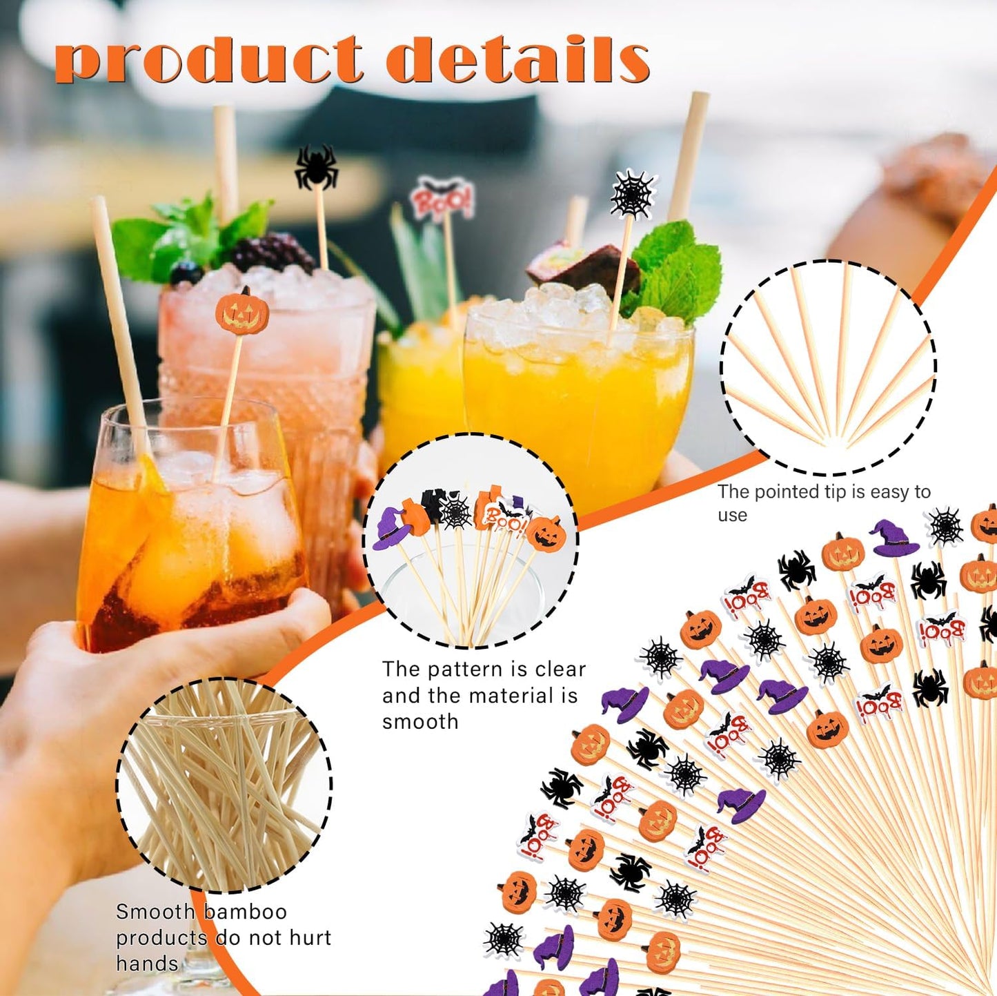 5" Halloween Cocktail Picks Ghost Pumpkin Spider Boo Bat Theme Decor Toothpicks Skewers Sticks