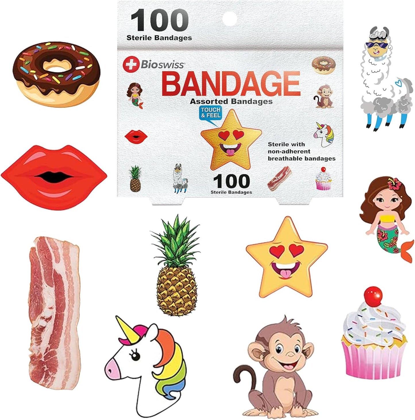 100 Count Assorted Animal Fun and Food Shaped Self Adhesive Bandage Set Latex Free Sterile Wound Care