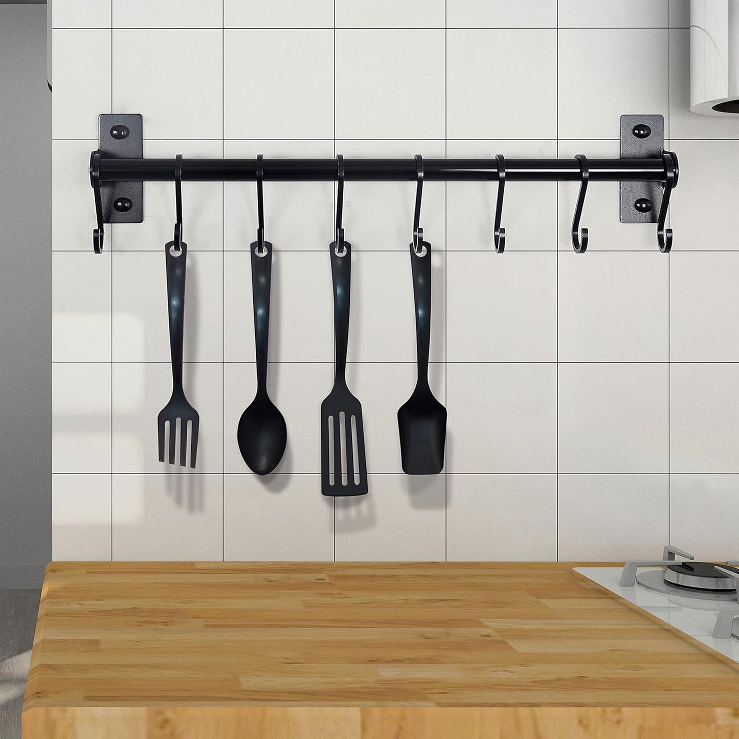 Kitchen Utensil Holder Hanger Pot and Pan Rack Wall Mounted Kitchen Rail with 8 Hooks for Hanging Cooking Utensils