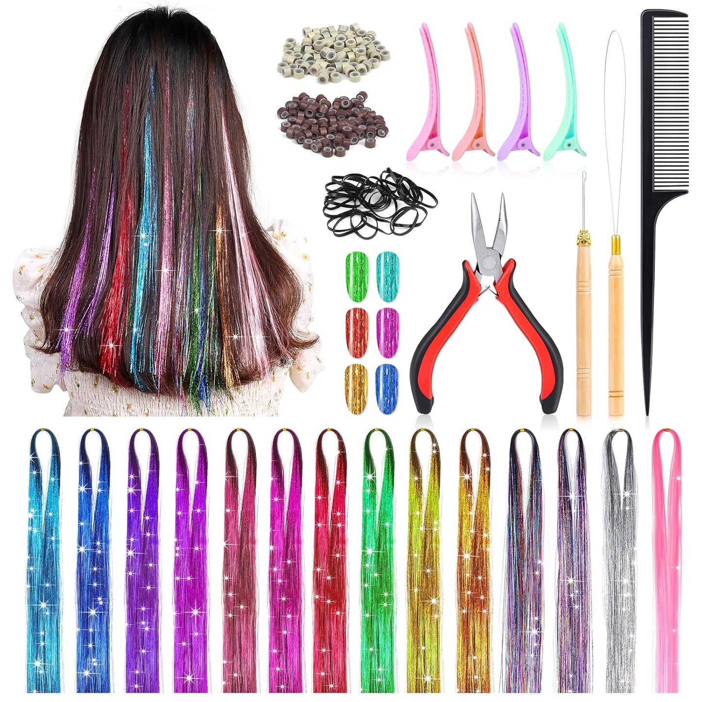 47 inch 2800 Strands Tinsel Hair Extensions for Women Girls Fairy Hair Tinsel Glitter Sparkling Shiny Colorful Synthetic Hair