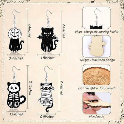 Earrings for Women Halloween Jewelry for Women Funny Halloweens Gifts for Woman Cute Wooden Cat Ghost Skeleton