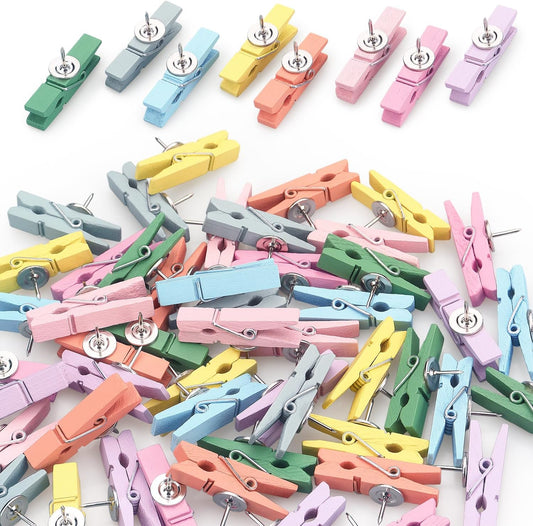 50 PCS Wooden Clips Colorful Push Pins Tacks for Cork Board Artwork Crafts Arts Projects
