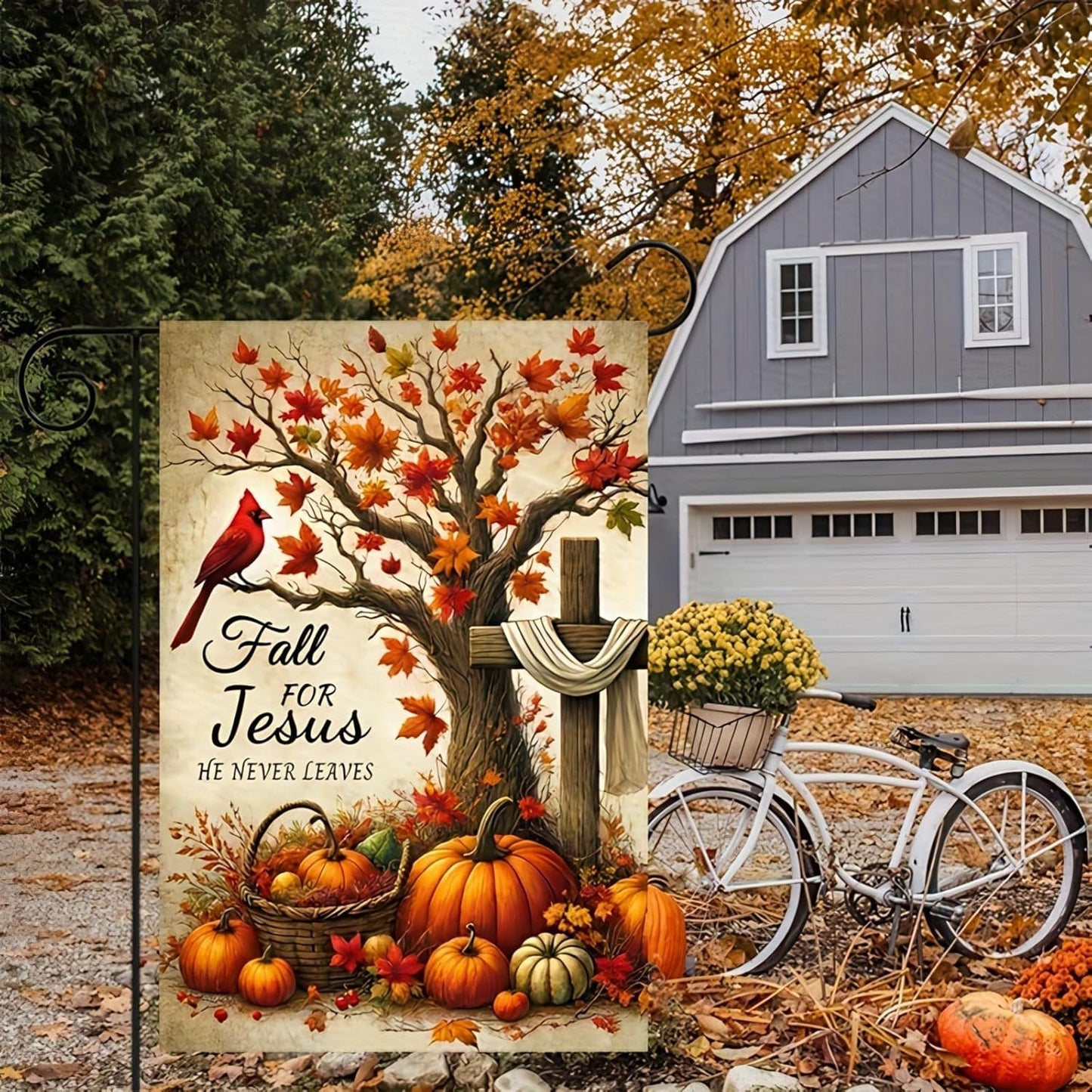 Garden Flag Autumn Christian Decoration Pumpkin Cross Design Yard Farmhouse