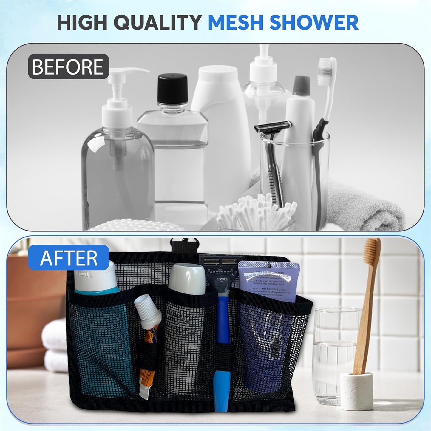 Large Capacity Travel Organizer with 3 Compartments and 2 Elastic Bands Hangable Mesh Shower