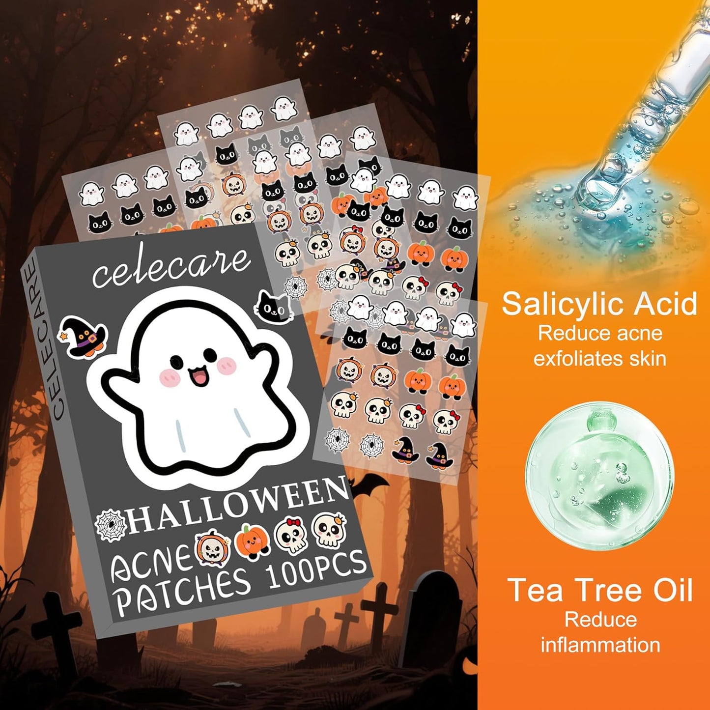 Halloween Acne Patch Pimple Patches for Face Cute Stickers Salicylic Acid & Tea Tree 100PCS Hydrocolloid Dots in 8 Colors