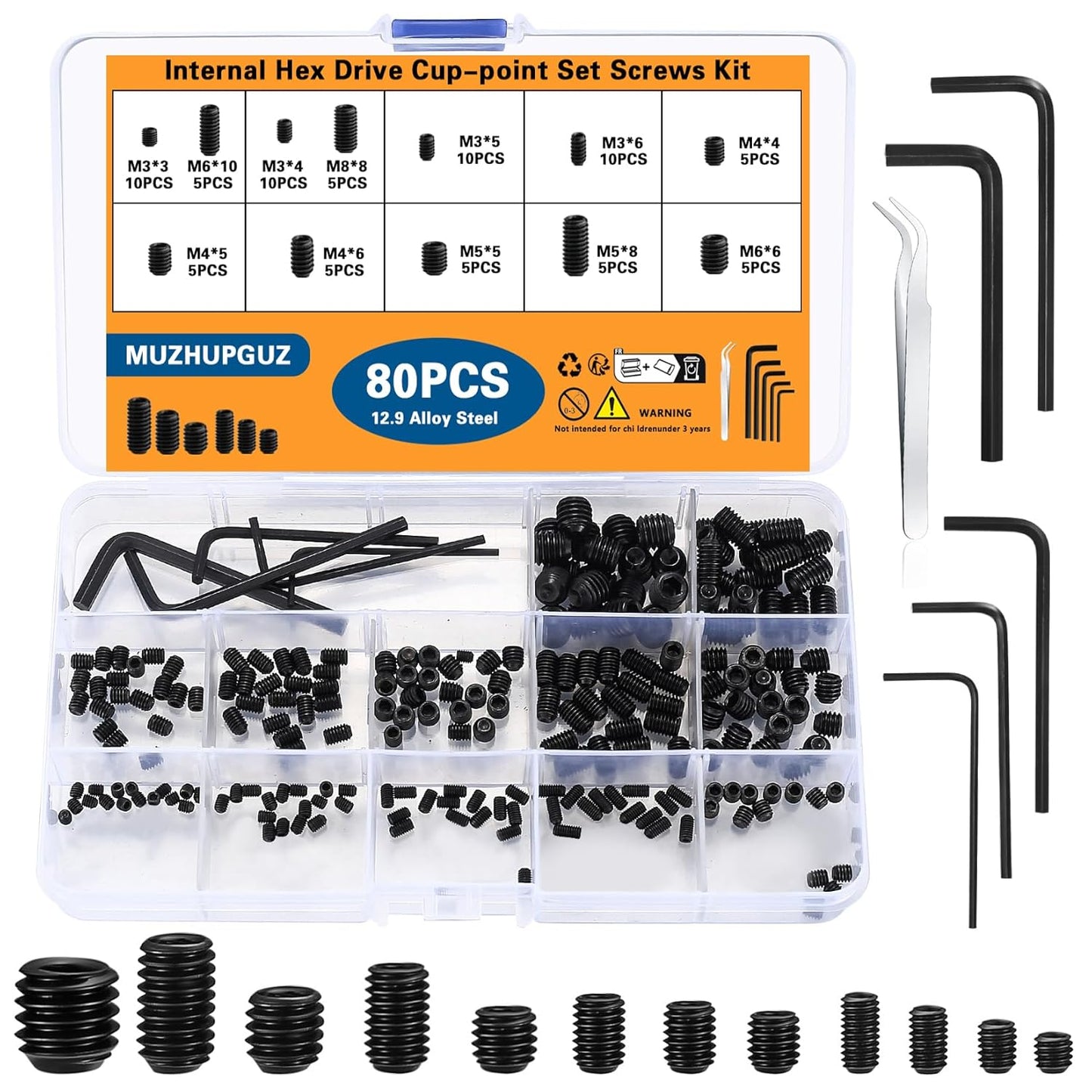 80 Pcs Allen Head Screws Hex Socket Head Screws Grub Screw Set M3/M4/M5/M6/M8 Metric Stainless Steel Internal Hex Drive Cup-Point Screw Assortment Kit