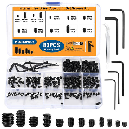 80 Pcs Allen Head Screws Hex Socket Head Screws Grub Screw Set M3/M4/M5/M6/M8 Metric Stainless Steel Internal Hex Drive Cup-Point Screw Assortment Kit