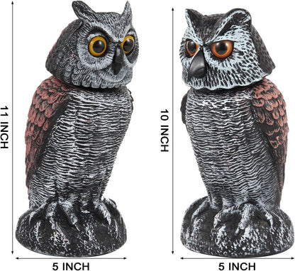 2 Pack Fake Owl Decoys to Scare Birds Away Rotating Head Bird Deterrents, Nature Enemy Scarecrow Plastic