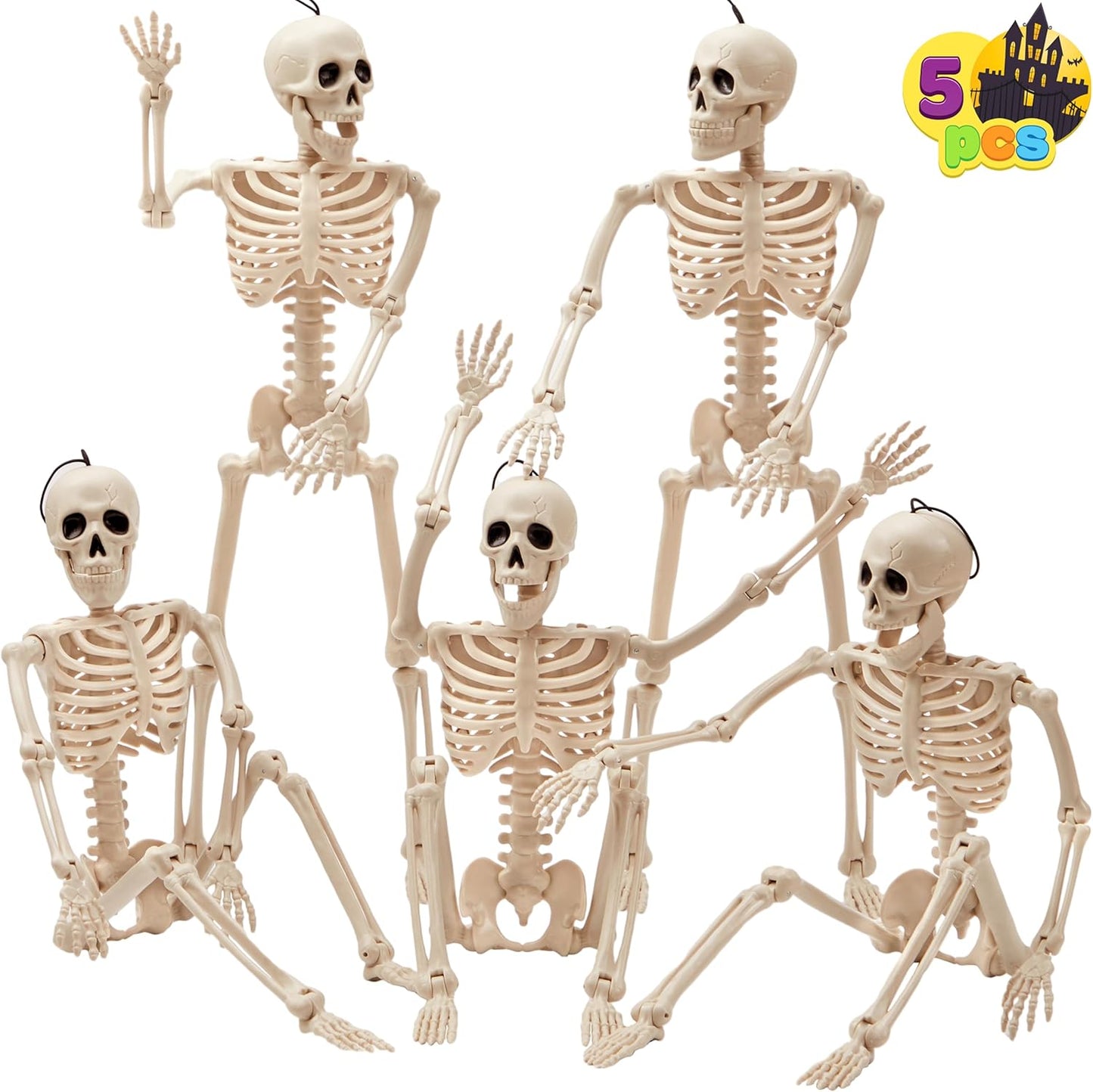 5 PCS Skeleton Decor 16 Inches Full Body Posable Joints Hanging Skeletons for Halloween Decorations