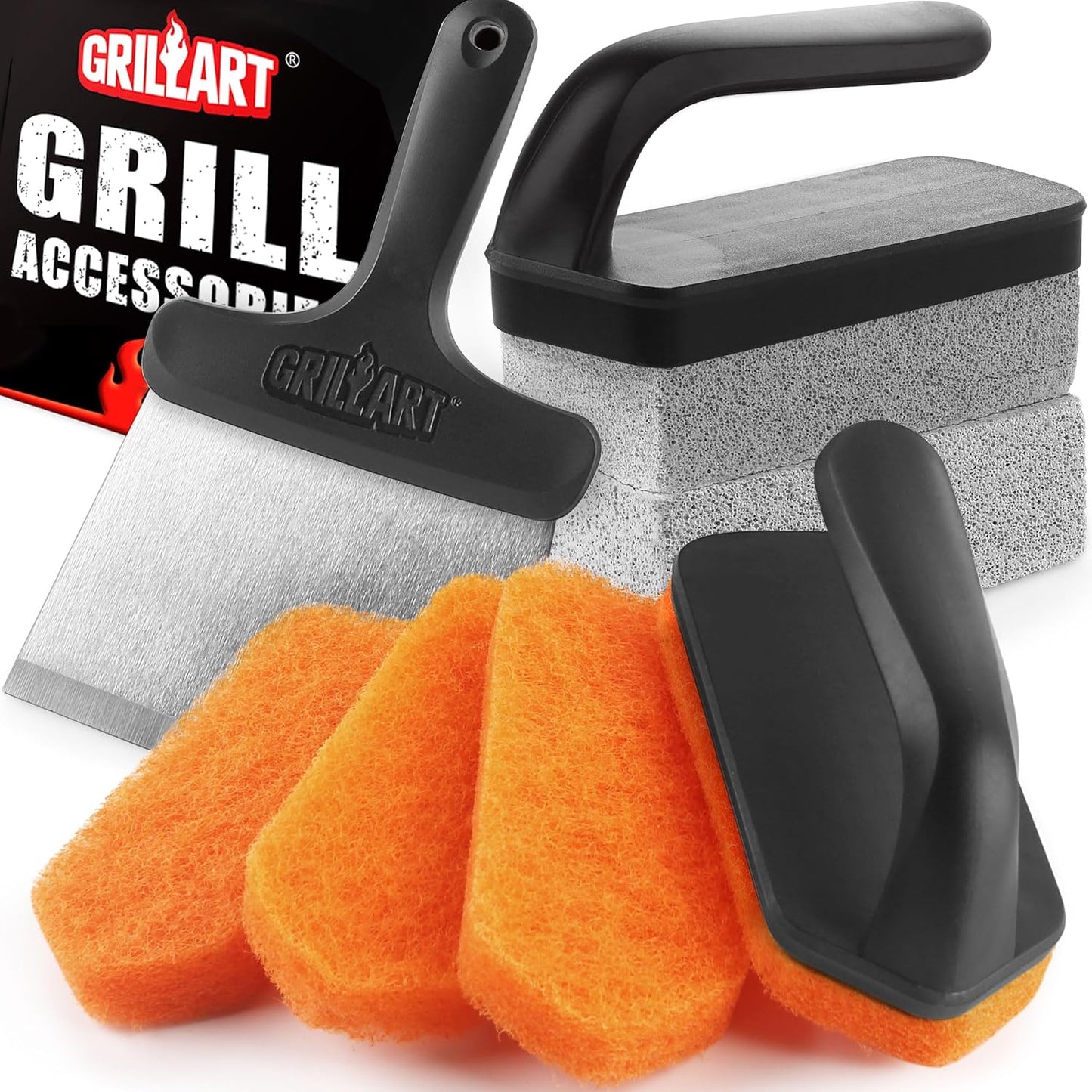 Flat Top Grill Cleaning Kit with Grill Stone Griddle Scraper, Scouring Pad and Handles Multifunctional Griddle Accessories