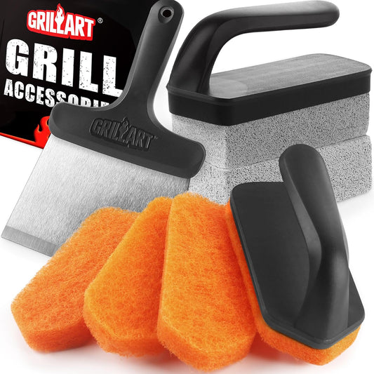 Flat Top Grill Cleaning Kit with Grill Stone Griddle Scraper, Scouring Pad and Handles Multifunctional Griddle Accessories