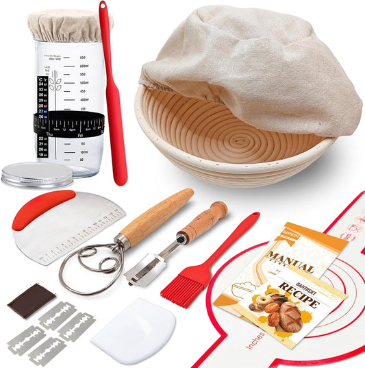 Banneton Bread Proofing Basket with Glass Sourdough Starter Jar Sourdough Bread Baking Supplies