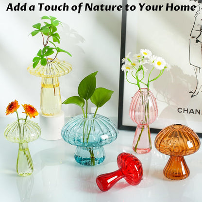 Set of 6 Colored Mushroom Vase Propagation Stations Small Plant Terrarium Unique Crystal Mushroom Jars for Plants