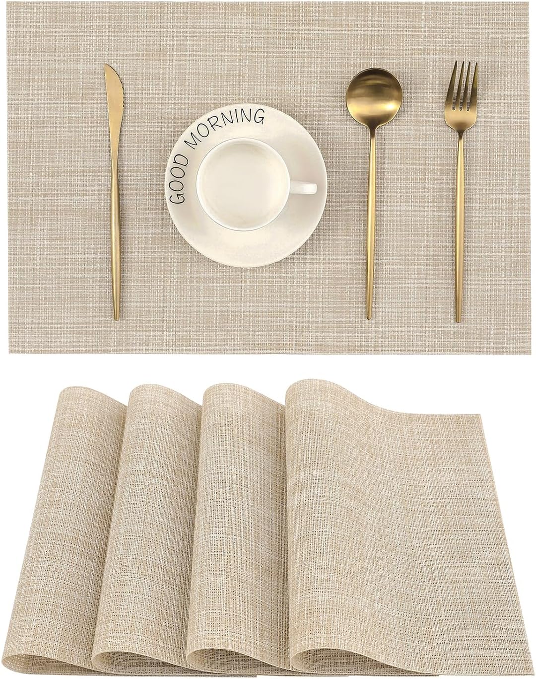 Beige Placemats Set of 4  Heat Resistant Non-Slip Place mats for Dining Table, Washable Durable