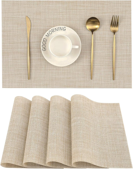 Beige Placemats Set of 4  Heat Resistant Non-Slip Place mats for Dining Table, Washable Durable