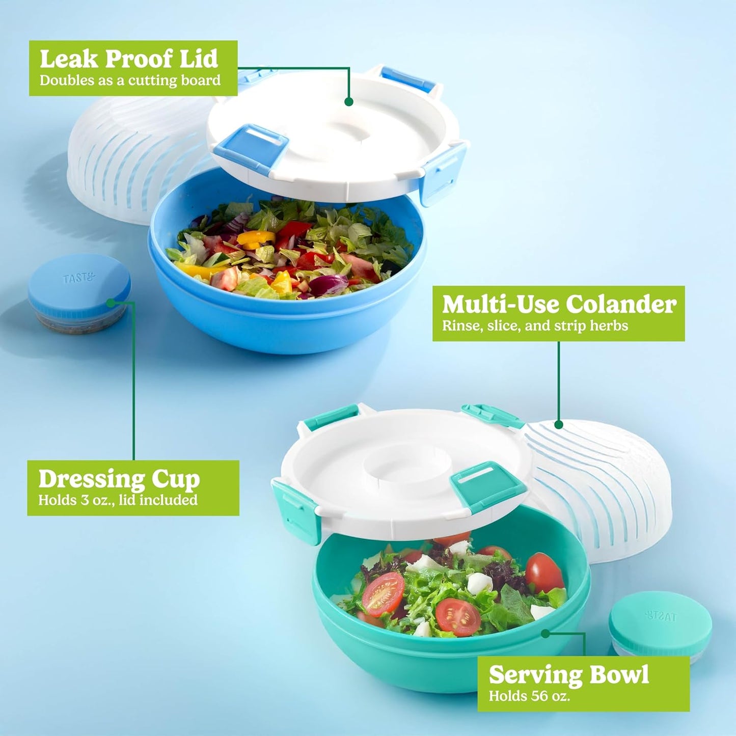 2 Pack Salad Boss To-Go Bowls All-in-One Salad Maker with Multi-Use Colander Leak-Proof Lid