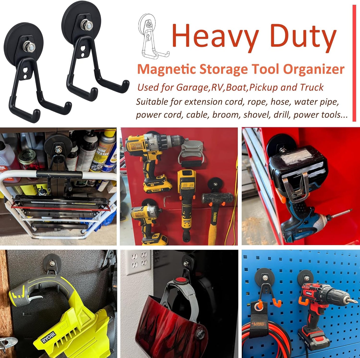 2 Pack Large Magnetic Hooks Strong Heavy Duty Magnet Hooks for Power Drill Broom Garden Tools