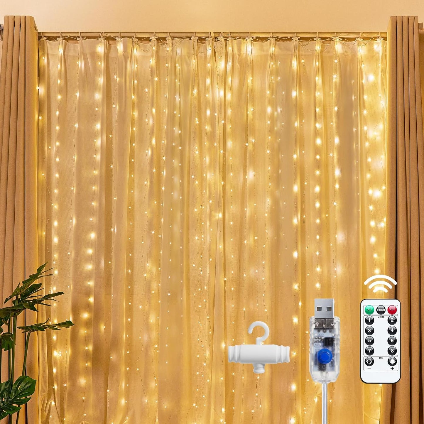300 LED Fairy Curtain Lights 9.8ft x 9.8ft Warm White Curtain String Lights USB Plug in 8 Lighting Modes Christmas