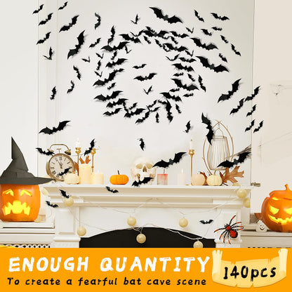 140Pcs Realistic PVC 3D Black Scary Bat Wall Stickers for Creepy Home & Indoor Decor