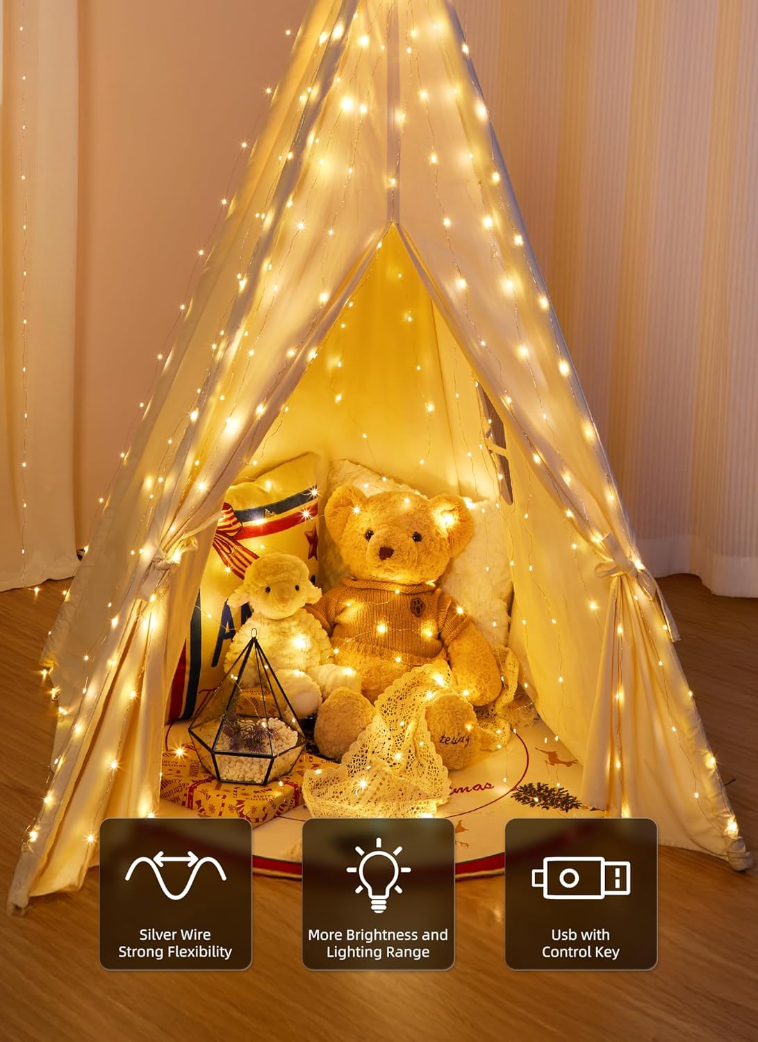 300 LED Fairy Curtain Lights 9.8ft x 9.8ft Warm White Curtain String Lights USB Plug in 8 Lighting Modes Christmas
